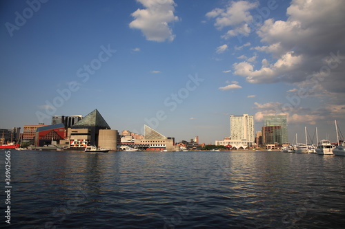 View of Baltimore Inner Harbor skyline in Baltimore, Maryland USA