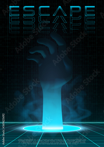 Retrofuturistic poster with hand passing through the portal. Retrowave sci-fi template for electronic music events. Design for flyer, cover, web. Vector.