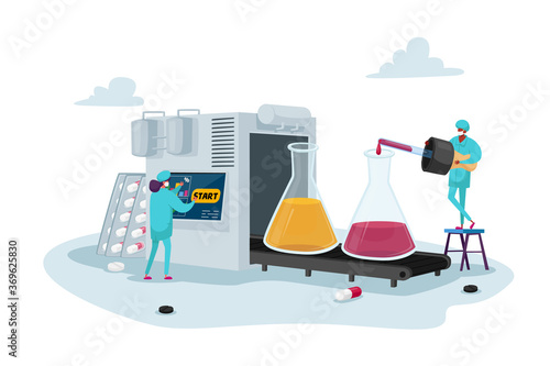 Pharmaceutical Industry Medical Drugs Production. Tiny Pharmacist Characters Drip Liquid in Huge Glass Beakers on Belt