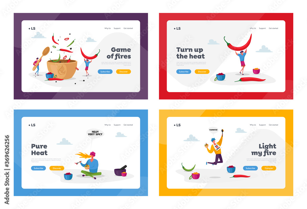 Obraz premium Character Cook Hot Spicy Food Landing Page Template Set. Tiny Man and Woman Cooking Mexican Spicy Dish with Chili Pepper