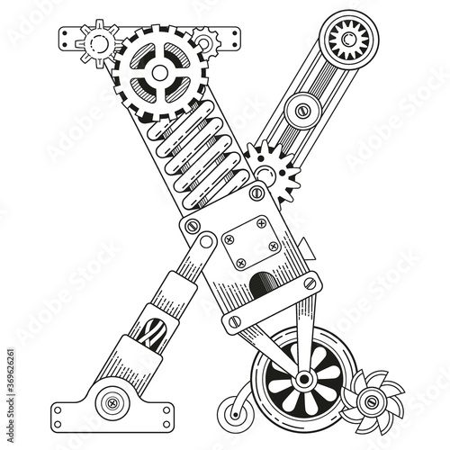 Vector coloring book for adults. Steampunk font. Mechanical alphabet made of metal gears and various details on white background. Capital letter X