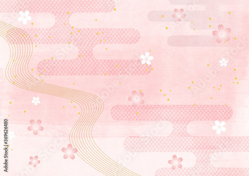 桜と和柄_ピンク和紙背景