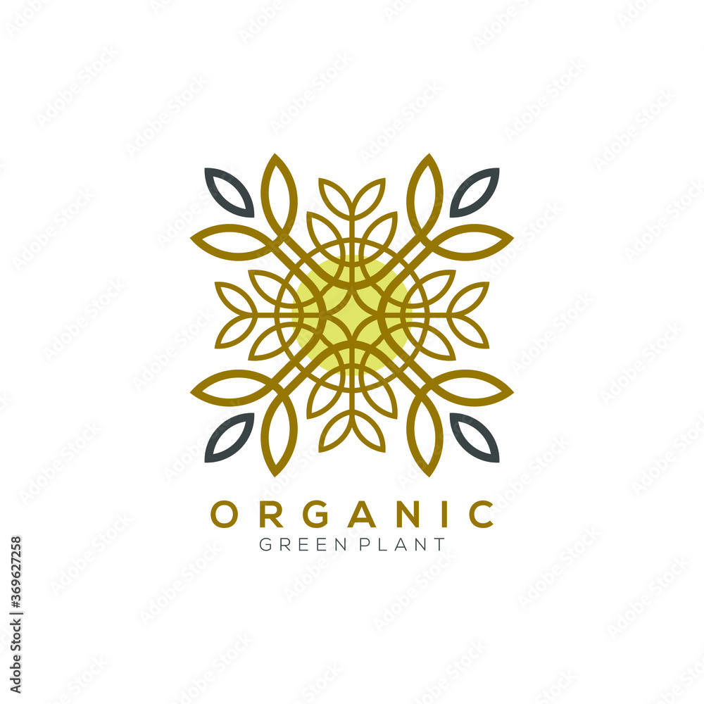 gold leaf plant vector logo with circle gold background