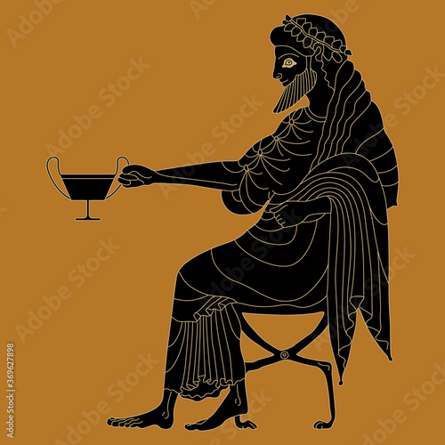 Seated ancient Greek man holding cup. God of wine Dionysus or Bacchus. Monochrome silhouette. Vase painting style.