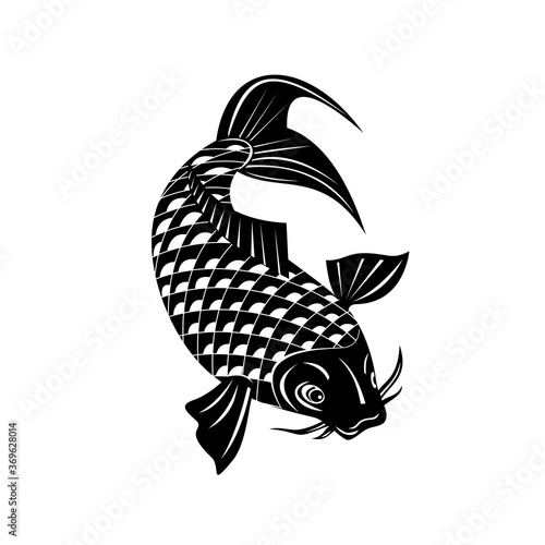 Koi Jinli or Nishikigoi Brocaded Carp a Colored Variety of the Amur Carp Swimming Down Retro Woodcut Black and White