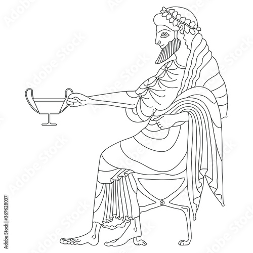 Seated ancient Greek man holding cup. God of wine Dionysus or Bacchus. Black and white linear silhouette. Vase painting style.