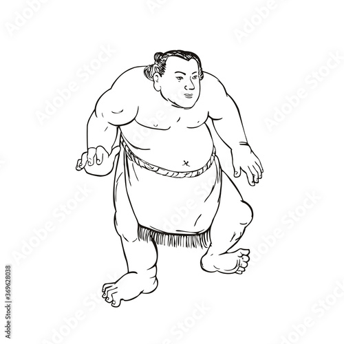 Professional Sumo Wrestler or Rikishi in Fighting Stance Ukiyo-E or Ukiyo Black and White Style