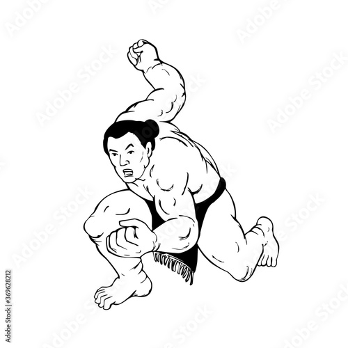 Professional Sumo Wrestler or Rikishi in Fighting Stance Ukiyo-E or Ukiyo Black and White Style
