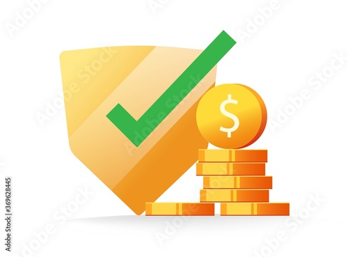 Money insurance financial protection guarantees, cash secure investment safety care vector flat style illustration, currency wealth shield, deposit banking coverage trust savings concept modern icon