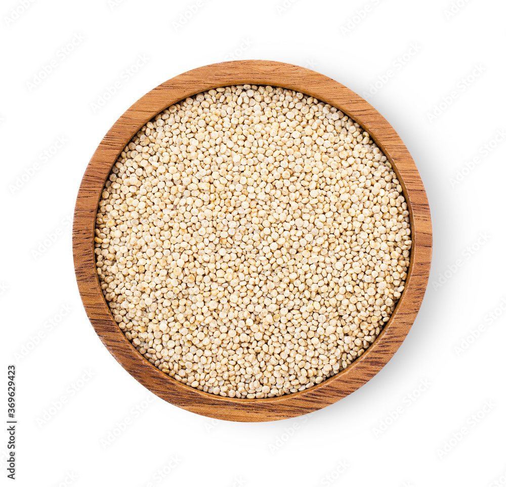 quinoa seeds ( Chenopodium ) in wooden bowl isolated on white background. Top view. Flat lay. Clipping path. quinoa seeds ( Chenopodium ) in wooden bowl isolated on white background. Top view. Flat lay. Clipping path.