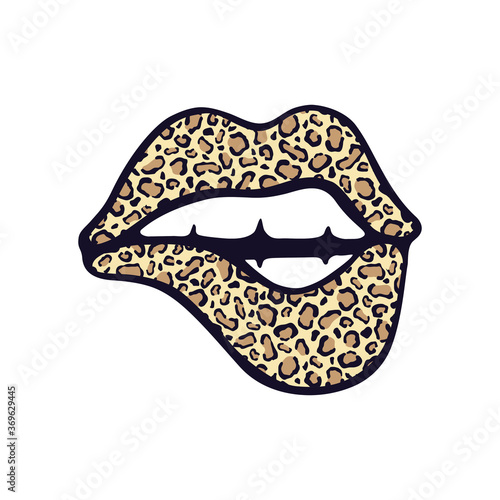 Vector illustration of leopard print lips parted with teeth bitten. Isolated color icon on white background. Hand drawing in cartoon style.