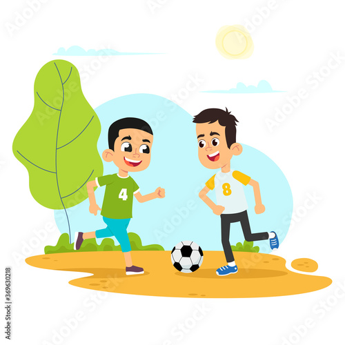 vector illustration of kid playing soccer in playground