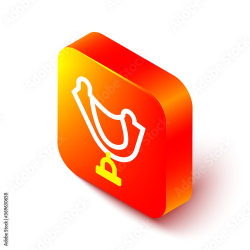 Isometric line Wild west saddle icon isolated on white background. Orange square button. Vector Illustration.