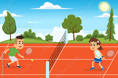 funny kids play tennis on the open court.