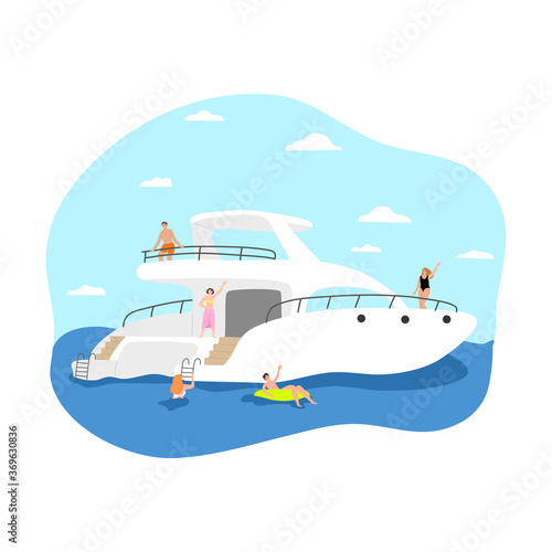 Young positive girls and boys tourists sunbathing on white yacht and swimming in sea