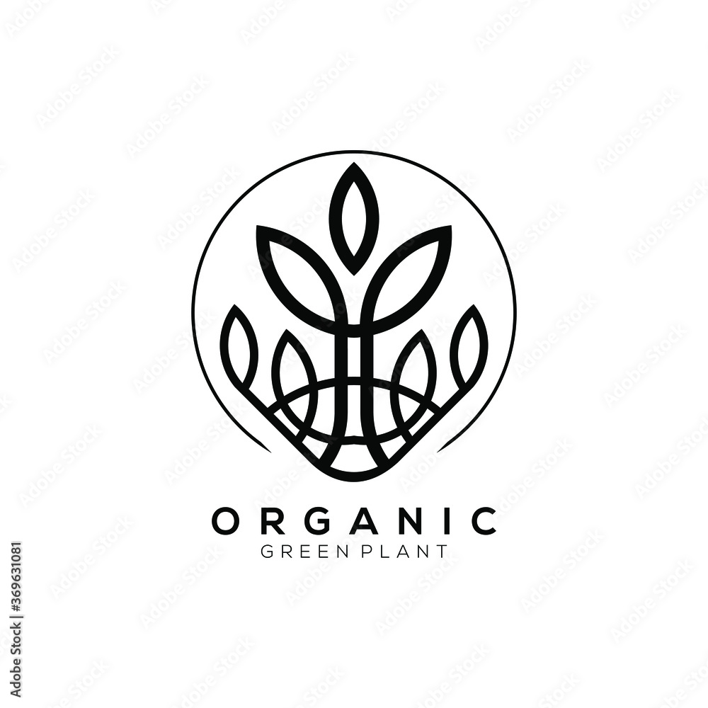 Fototapeta premium silhouette leaf plant vector logo with circle line background
