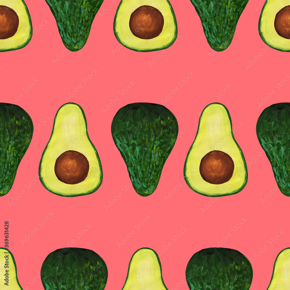 avocado seamless pattern on pink background. Raster hand drawn whole avocado and half with seed drawing in realistic style with gouache paints avocado seamless pattern on pink background. Raster hand drawn whole avocado and half with seed drawing in realistic style with gouache paints