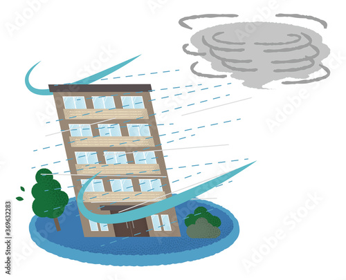 台風の被害に遭うマンションのベクターイラスト