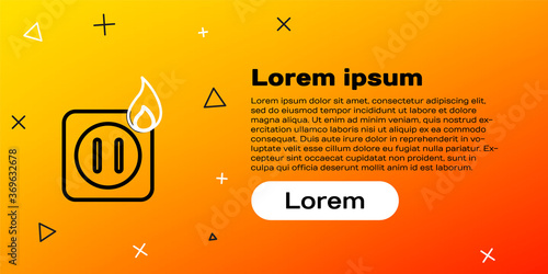 Line Electric wiring of socket in fire icon isolated on yellow background. Electrical safety concept. Plug outlet on fire. Colorful outline concept. Vector Illustration.