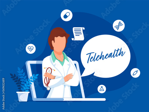 Faceless Doctor Woman In Laptop Screen With Telehealth Speech Bubble And Medical Elements On Blue Background.