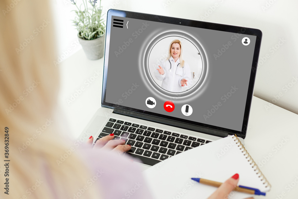 Fototapeta premium Headshot portrait application screen view of female doctor or talk consult client online on computer, woman nurse speak with sick patient on video call use Webcam conference on laptop