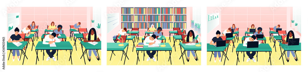 © Natali S - Set with students studying in the classroom. Teens read books in the library. Students work on computers. Children write a test exam in a beautiful classroom.  Flat vector illustration.