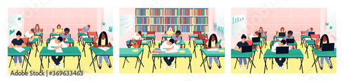 Set with students studying in the classroom. Teens read books in the library. Students work on computers. Children write a test exam in a beautiful classroom.  Flat vector illustration.