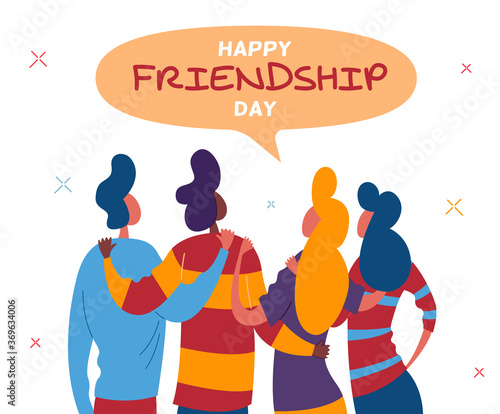 Friendship Day. Two men and two women hugging. Vector illustration of four cheerful international friends for greeting card or poster.