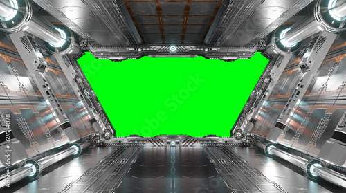 Fototapeta Naklejka Na Ścianę i Meble -  White and silver futuristic spaceship interior with green window 3d rendering