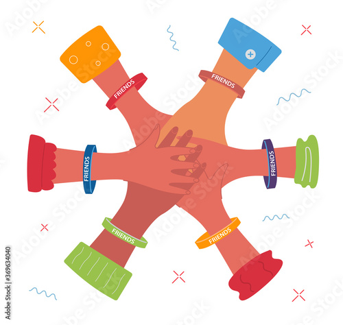 Six hands on each other with multi-colored bracelets. Friendship bands with text friends. Vector illustration of a friendly handshake.