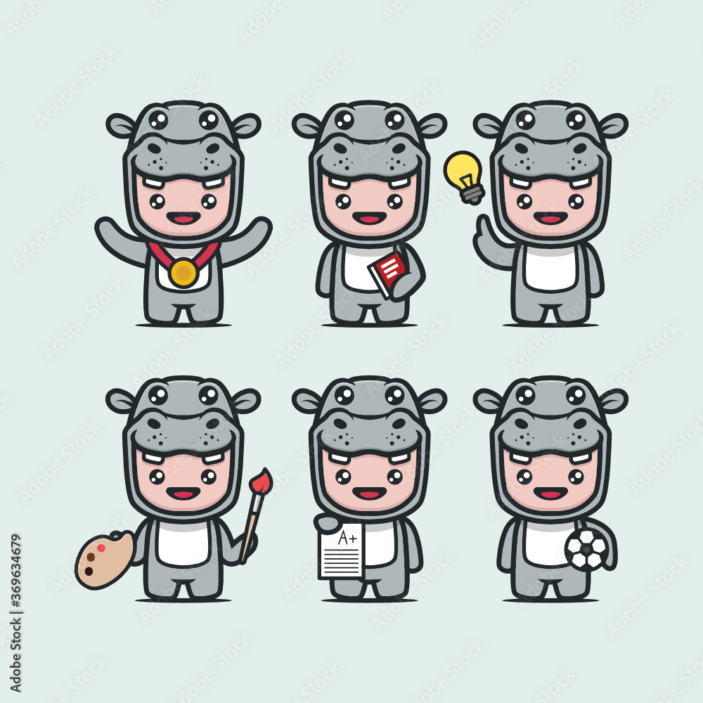 Cute Hippo mascot with school student theme design illustration set with blue background