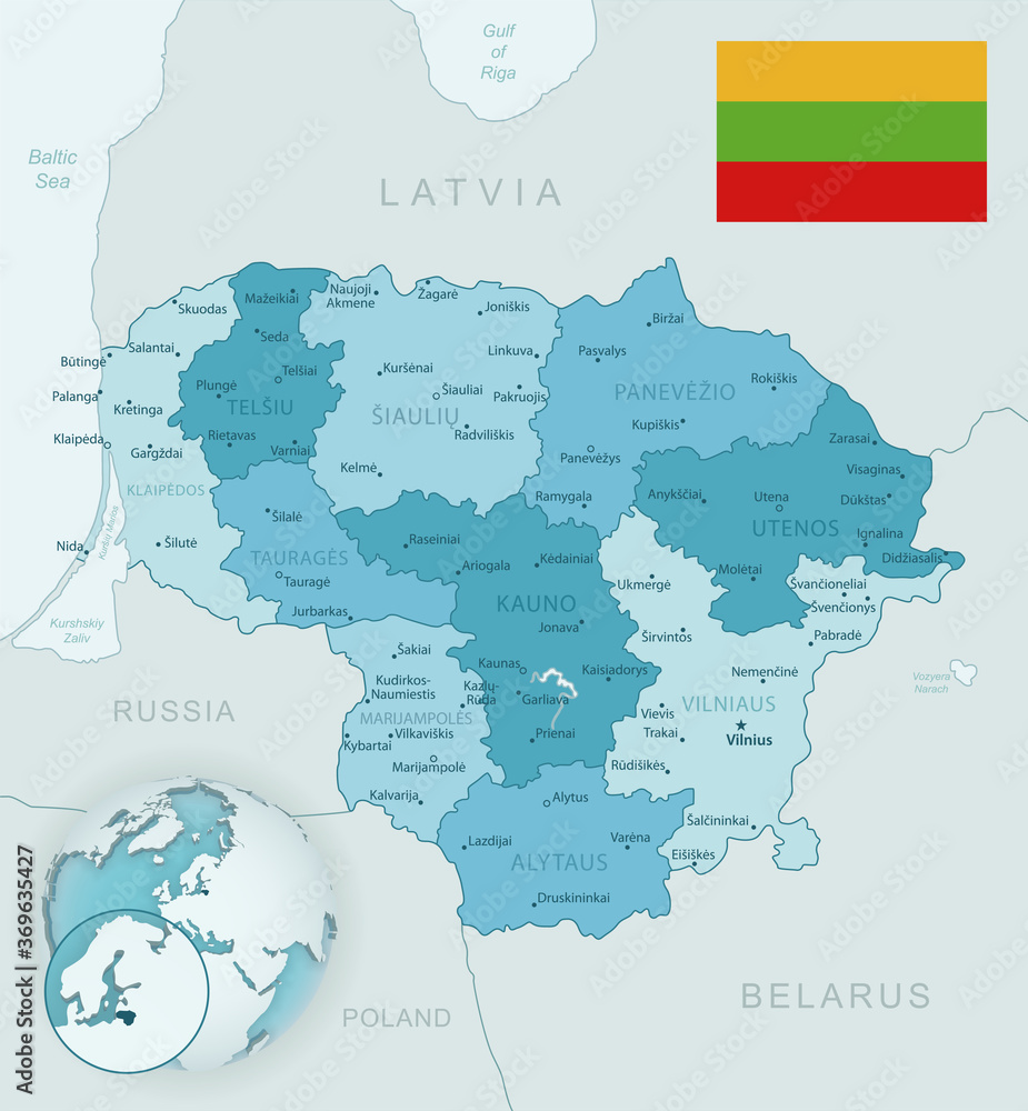 Blue-green detailed map of Lithuania administrative divisions with country flag and location on the globe. Vector illustration