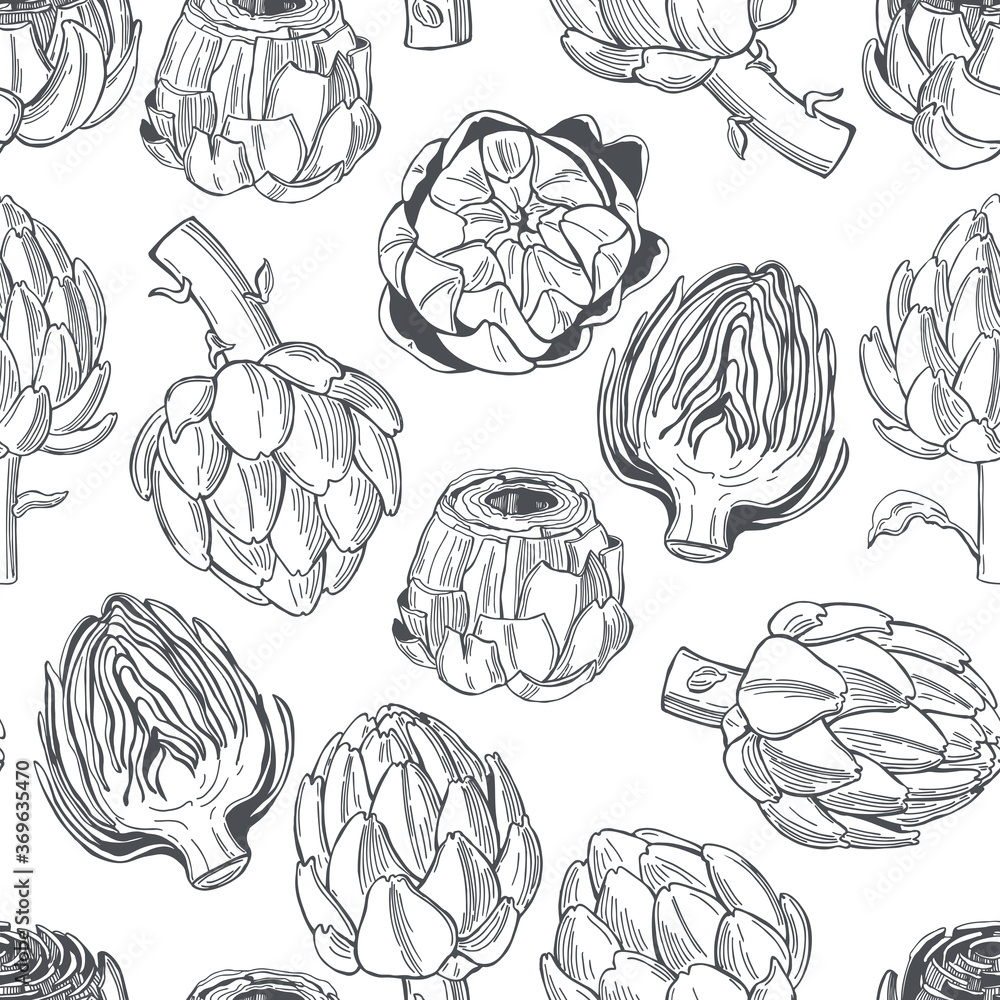 Naklejka premium Hand drawn artichoke on white background. Vector seamless pattern.