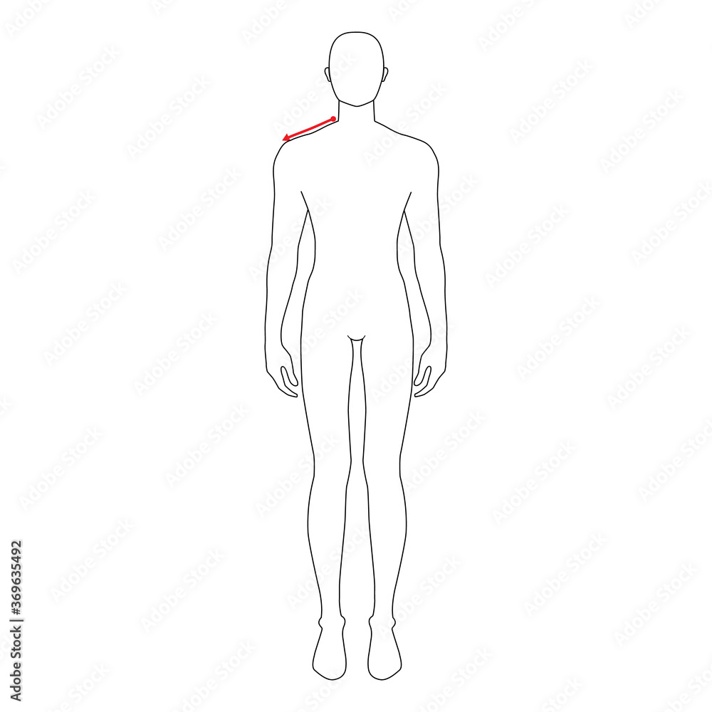 Fototapeta premium Men to do shoulder measurement fashion Illustration for size chart. 7.5 head size boy for site or online shop. Human body infographic template for clothes. 