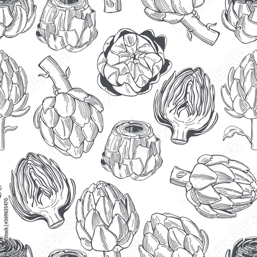 Hand drawn artichoke on white background.  Vector  seamless pattern.