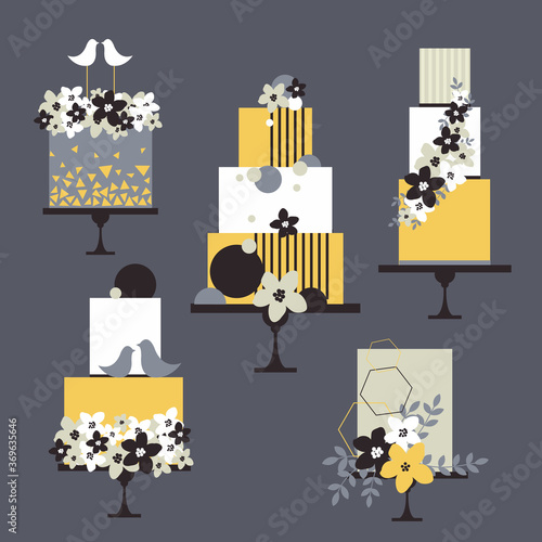 Wedding cakes with flowers.  Vector illustration.