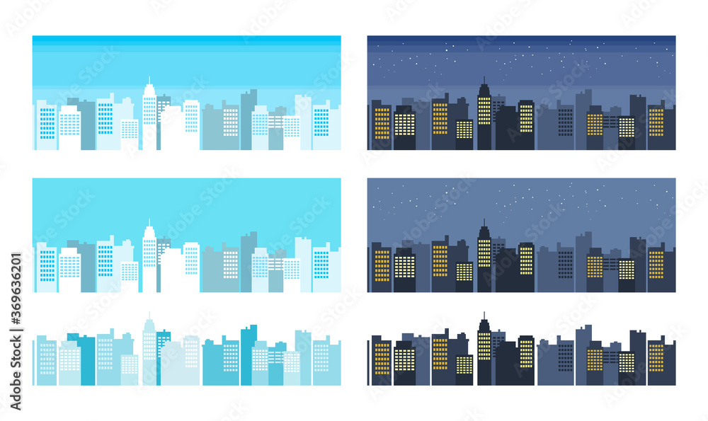 Seamless pattern vector of modern flat skyscrapers. Urban scene background, cityscape border.