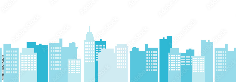 Seamless pattern vector of modern flat skyscrapers. Urban scene background, cityscape border.