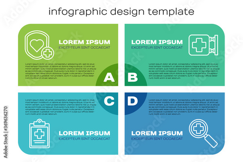 Set line Medical clipboard with clinical record, Shield and heart rate, Magnifying glass for search medical and Hospital signboard. Business infographic template. Vector.