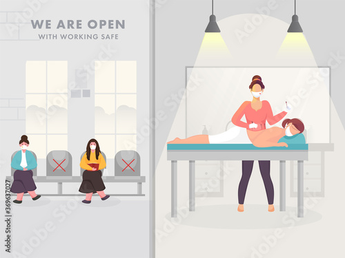 We Are Open Acupuncture Therapy With Working Safe, Female Therapist And Customer Wear Protective Mask On Grey Background.