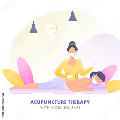 Young Woman Receiving Acupuncture Treatment on Back in Therapy with Wear Protective Mask and Gloves For Avoid Coronavirus.