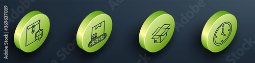 Set Isometric Envelope with shield, Conveyor belt with cardboard box, Carton cardboard box and Fast time delivery icon. Vector.