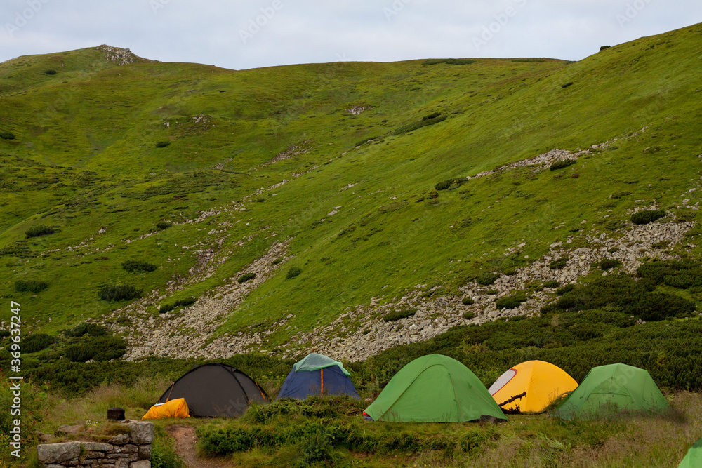 tents in a tourist camp in the mountains in the summer morning