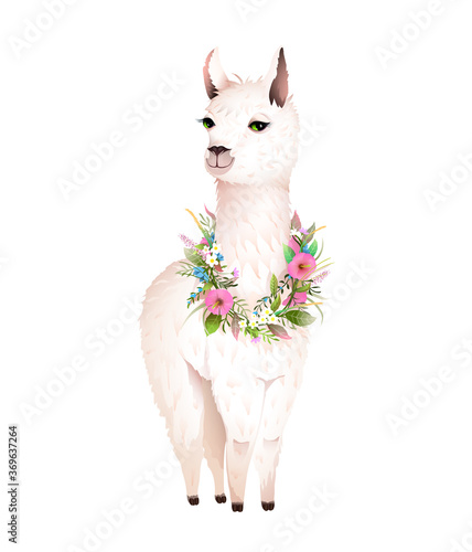 Beautiful white lama wearing flowers laurel, romantic and cute animal print design. Llama vector cartoon in artistic realistic hand drawn watercolor style for t-shirts, logo other animal projects.