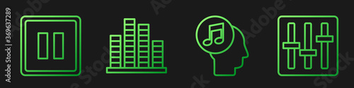Set line Musical note in human head, Pause button, Music equalizer and Sound mixer controller. Gradient color icons. Vector.