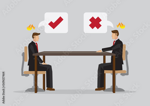 Two cartoon professionals cannot meet eye to eye in business meeting.