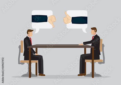 Two cartoon professionals cannot meet eye to eye in business meeting.