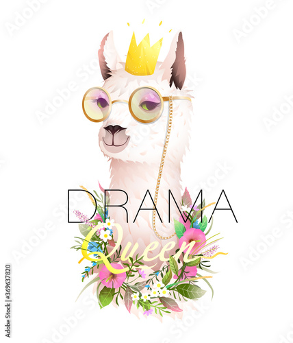 Drama Queen quote t shirt design with lama, hipster llama wearing golden sunglasses, crown and flowers. Cool apparel design with animal meme, cute vector alpaca. Artistic realistic animal design.