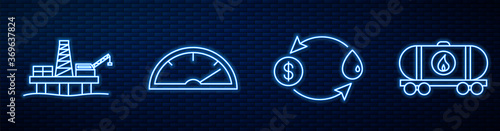 Set line Oil exchange, Oil platform in the sea, Speedometer, Oil railway cistern and Bio fuel. Glowing neon icon on brick wall. Vector.