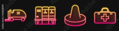 Set line Mallet for playing air hockey, Ice resurfacer, Locker or changing room and First aid kit. Glowing neon icon. Vector.